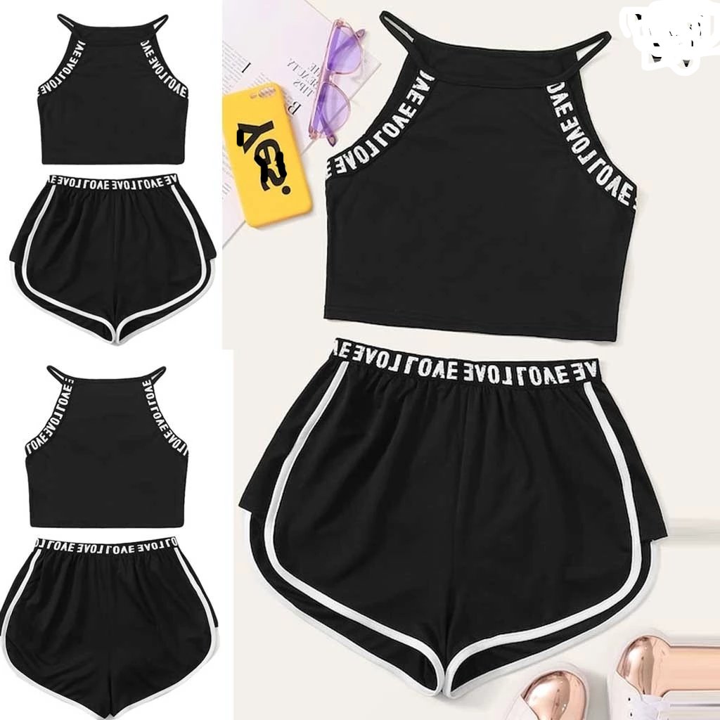 Women tracksuit summer Fashion  Love Letter Tops+Short Set Sports Simplicity