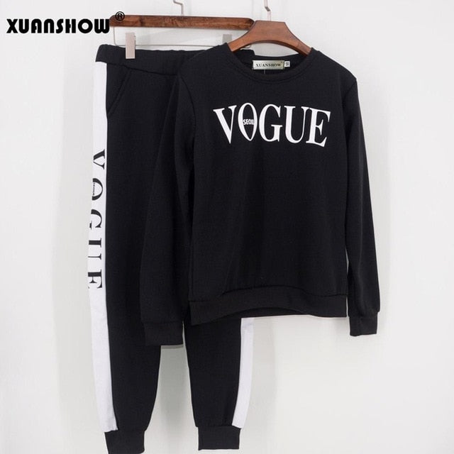 2019 Winter Women's Suit VOGUE Letter Printed 0-Neck Sweatshirt Long Pant 2 Piece Set