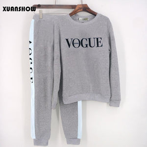 2019 Winter Women's Suit VOGUE Letter Printed 0-Neck Sweatshirt Long Pant 2 Piece Set