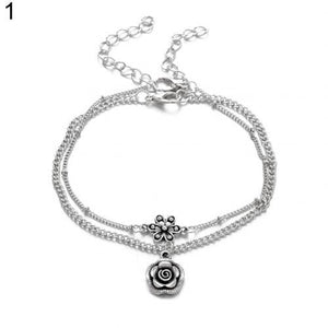 Women Ankle Chain Bracelet Anklet  Pendant Flower Carved Openwork Double Anklet