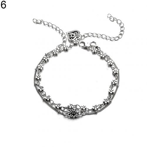 Women Ankle Chain Bracelet Anklet  Pendant Flower Carved Openwork Double Anklet