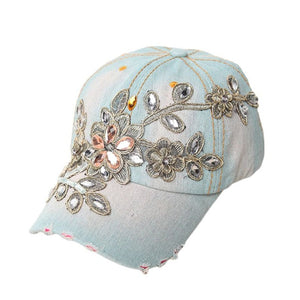 Fashion Hats For Women Female Flower Rhinestone Denim Cap 2018