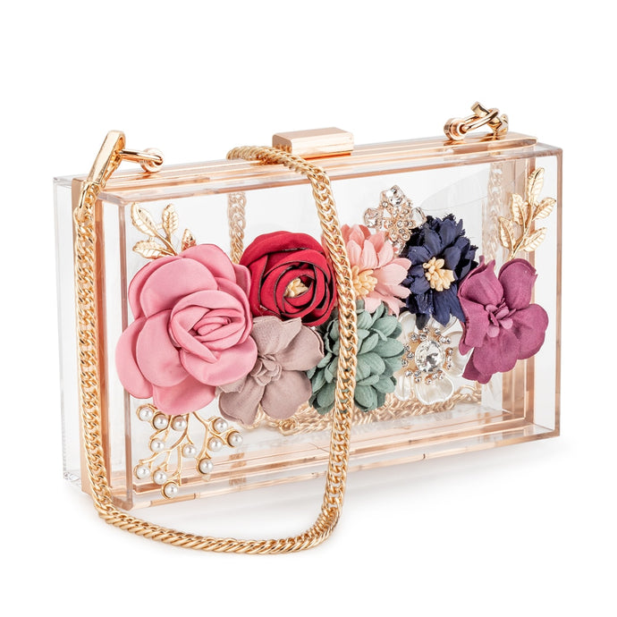 Flower Clutches Bags Chain Strap For Wedding Prom Banquet Ideal-gift Golden Frame