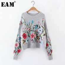 Load image into Gallery viewer, Autumn  Round Neck Long Sleeve Flower Embroidered Gray Knitting Warm Loose Puffover Women Fashion