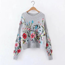 Load image into Gallery viewer, Autumn  Round Neck Long Sleeve Flower Embroidered Gray Knitting Warm Loose Puffover Women Fashion