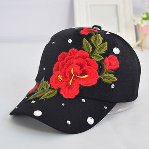 New Rose Flower Embroidered Dad Hat Women Adjustable Cotton Floral