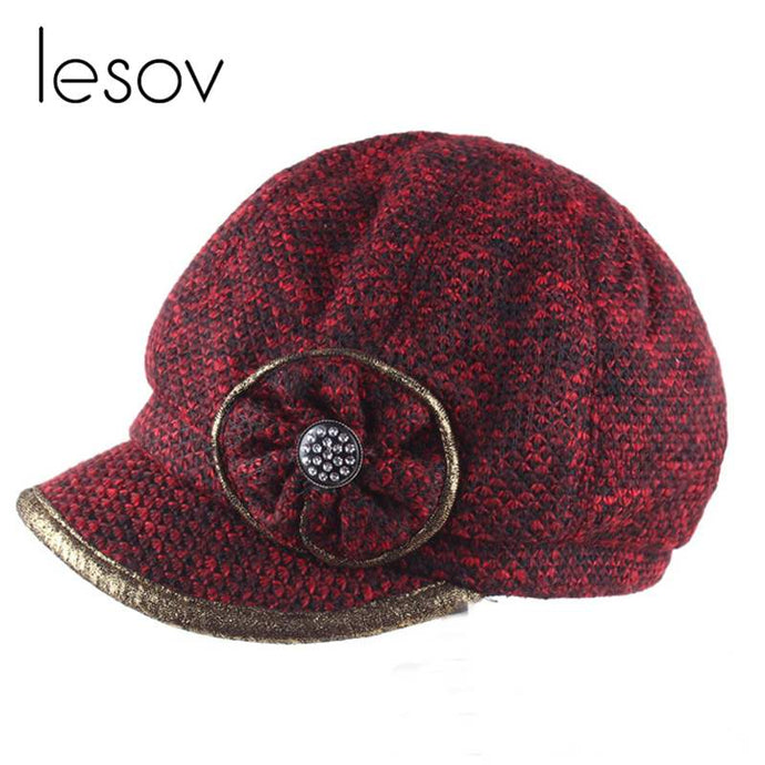 Flower Knitted Octagonal Cap Women Autumn Winter Hats Ladies