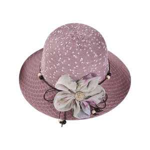 Summer Sun Hat Wave Point Knitted Wide Brim Bucket Cap Glitter Button Contrast Color Flower