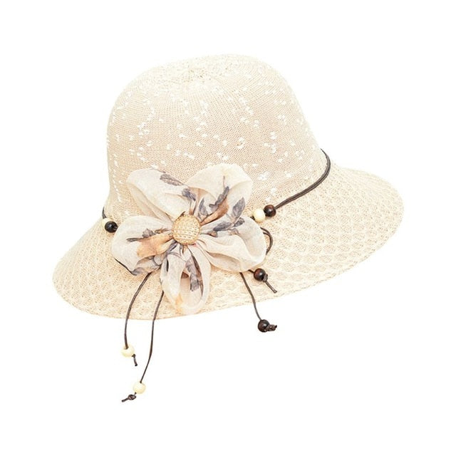 Summer Sun Hat Wave Point Knitted Wide Brim Bucket Cap Glitter Button Contrast Color Flower