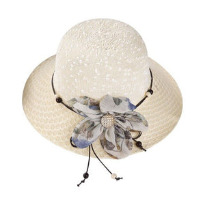 Summer Sun Hat Wave Point Knitted Wide Brim Bucket Cap Glitter Button Contrast Color Flower