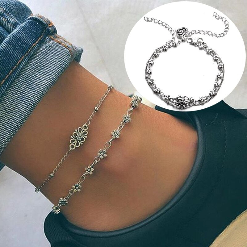 Heart Chain Adjustable Flower Anklet Love Hot Sale Party Hollow Silkver PClS/Set Double-deck