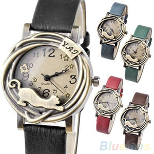 Fashion Vintage Womens Bronze Case Cat & Flower Quartz Analog Wrist Watch