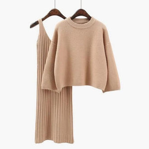 2018 Autumn Womans  Casual Two-Pieces Suits Loose Sweater Knit Mini Dress Winter