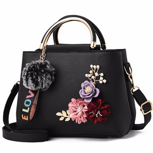 Women Shoulder Bag Tote Flowers Shell Sac A Main Femme Rivets Fur Ball Pendant Ladies