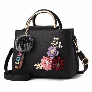 Women Shoulder Bag Tote Flowers Shell Sac A Main Femme Rivets Fur Ball Pendant Ladies