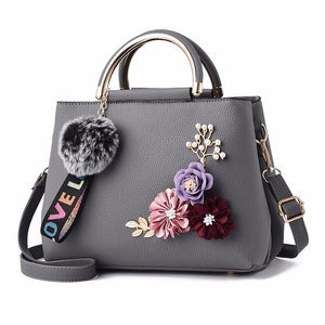 Women Shoulder Bag Tote Flowers Shell Sac A Main Femme Rivets Fur Ball Pendant Ladies