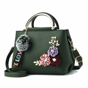 Women Shoulder Bag Tote Flowers Shell Sac A Main Femme Rivets Fur Ball Pendant Ladies