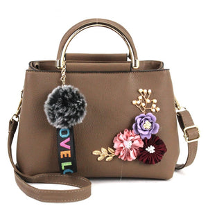 Women Shoulder Bag Tote Flowers Shell Sac A Main Femme Rivets Fur Ball Pendant Ladies