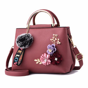 Women Shoulder Bag Tote Flowers Shell Sac A Main Femme Rivets Fur Ball Pendant Ladies