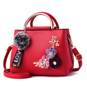 Women Shoulder Bag Tote Flowers Shell Sac A Main Femme Rivets Fur Ball Pendant Ladies