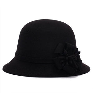 Women Cap Wool Flower Felt Hat Winter Warm Wide Brim Cloche Bucket Cap