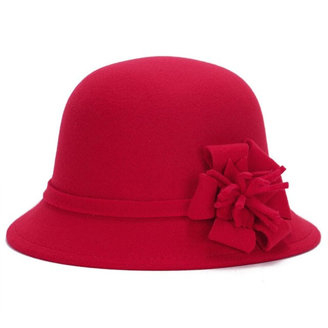 Women Cap Wool Flower Felt Hat Winter Warm Wide Brim Cloche Bucket Cap