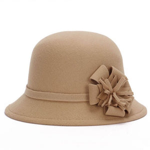 Women Cap Wool Flower Felt Hat Winter Warm Wide Brim Cloche Bucket Cap