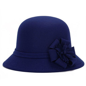 Women Cap Wool Flower Felt Hat Winter Warm Wide Brim Cloche Bucket Cap