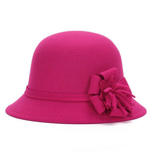 Women Cap Wool Flower Felt Hat Winter Warm Wide Brim Cloche Bucket Cap