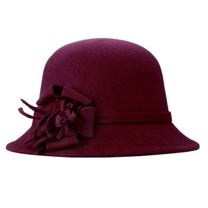 Women Cap Wool Flower Felt Hat Winter Warm Wide Brim Cloche Bucket Cap