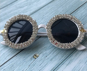 2019 Women Sunglasses Crystal Diamond Handmade Round Eyewear UV400 Mirror Lens Flower