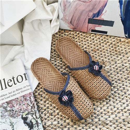 Women Shoes Breathable Linen Slippers Casual Flat Slides With Flower Woman Home Slippers 2019