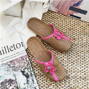 Women Shoes Breathable Linen Slippers Casual Flat Slides With Flower Woman Home Slippers 2019