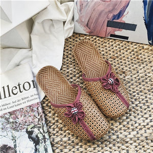 Women Shoes Breathable Linen Slippers Casual Flat Slides With Flower Woman Home Slippers 2019