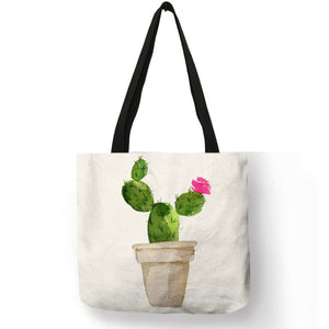 Women Totes Flowered Potted Cactus Prints Shoulder Bag Ekco Linen Practical Casual for Girls