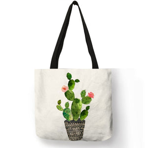 Women Totes Flowered Potted Cactus Prints Shoulder Bag Ekco Linen Practical Casual for Girls