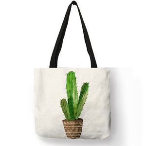 Women Totes Flowered Potted Cactus Prints Shoulder Bag Ekco Linen Practical Casual for Girls